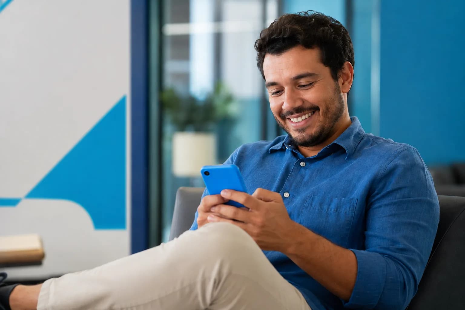Homem com celular sorrindo em ambiente moderno