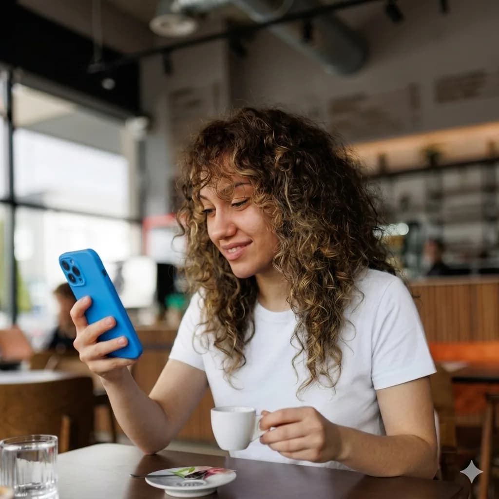 Mulher com celular em um café