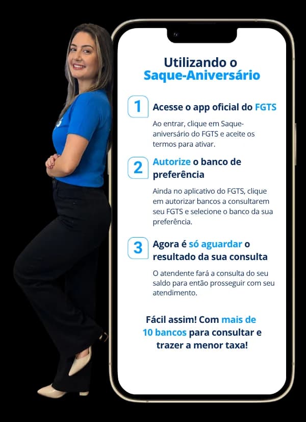 Mulher com celular — consulta FGTS em poucos passos